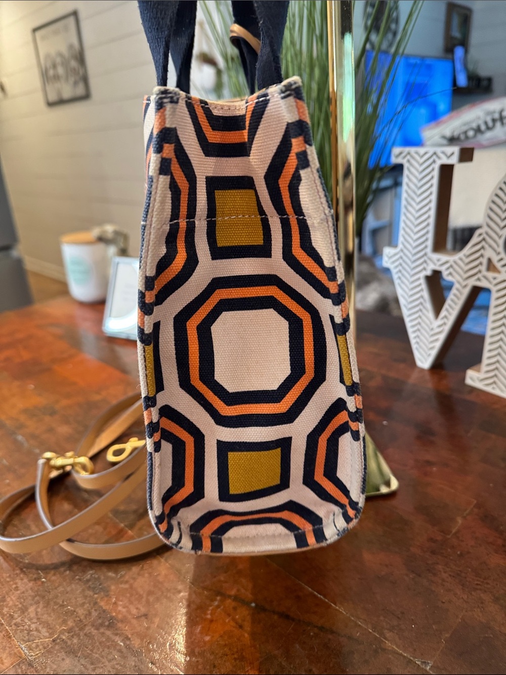 Tory Burch Navy, Coral & Mustard Geometric Canvas Tote with Tan Leather Strap - Picture 5 of 12